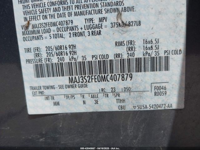 MAJ3S2FE0MC407879 Ford ECOSPORT S