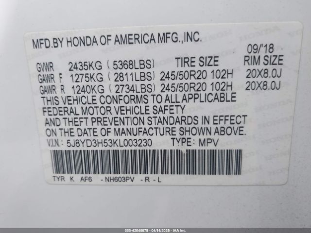 5J8YD3H53KL003230 Acura Mdx Tech Pkg