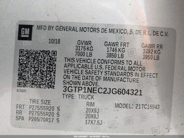 3GTP1NEC2JG604321 GMC Sierra 1500 Slt