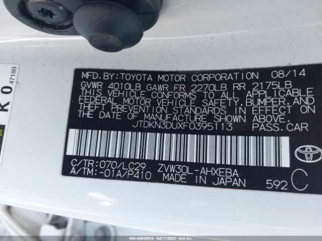 JTDKN3DUXF0395113 Toyota 2zr-fxe+3jm