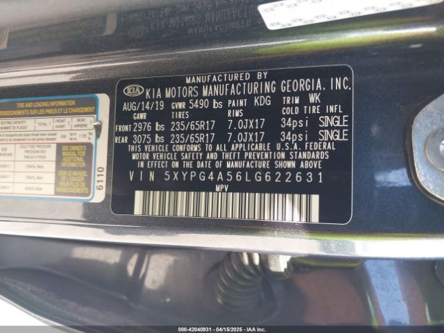 5XYPG4A56LG622631 KIA Sorento 3.3l Lx