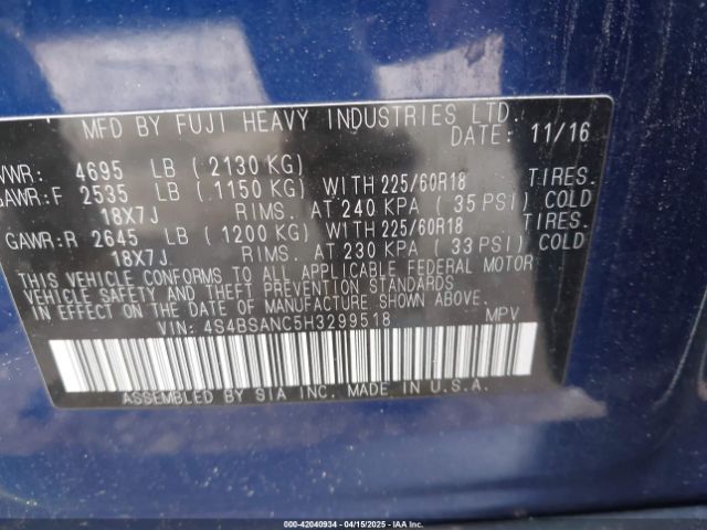 4S4BSANC5H3299518 Subaru Outback 2.5i Limited