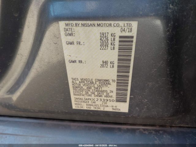 1N4AL3APXJC233950 Nissan Altima 2.5 Sr
