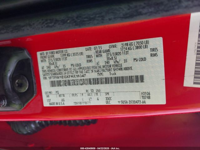 1FTFW1EGXFKE16347 Ford F150 Supercrew