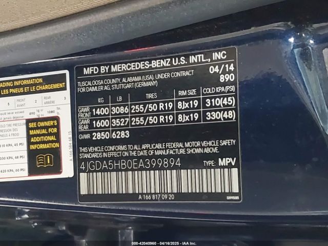 4JGDA5HB0EA399894 Mercedes-Benz Ml 350 4matic