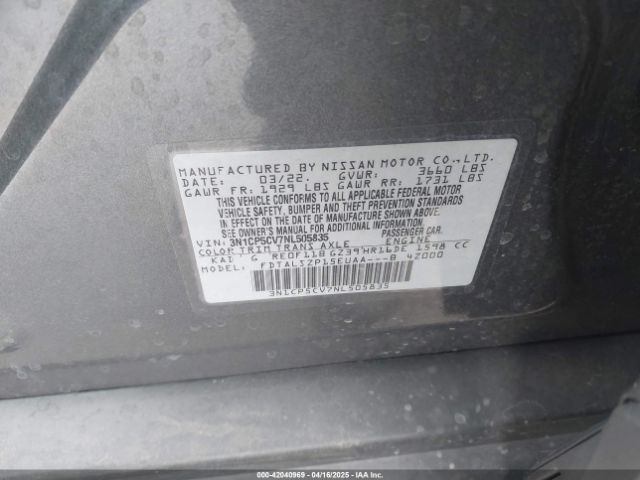 3N1CP5CV7NL505835 Nissan Kicks Sv Xtronic Cvt