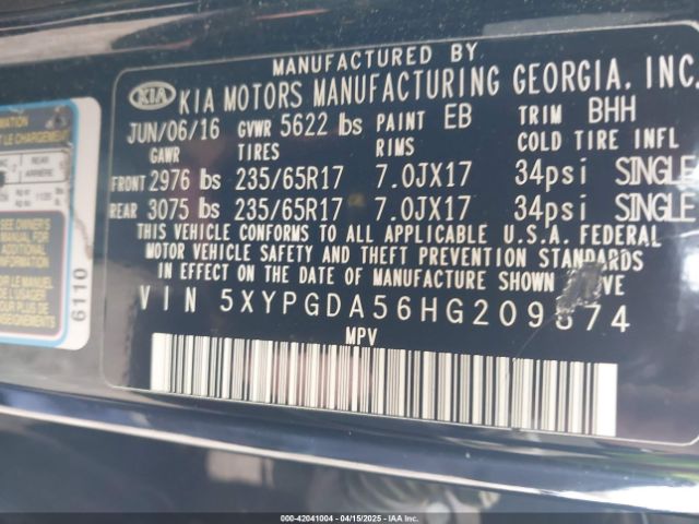 5XYPGDA56HG209874 KIA Sorento 3.3l Lx