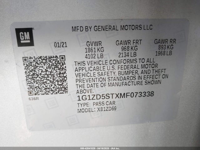 1G1ZD5STXMF073338 Chevrolet Malibu Fwd Lt