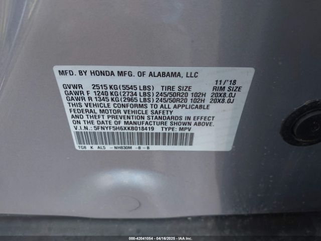 5FNYF5H6XKB018419 Honda Pilot Touring