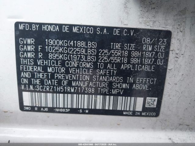 3CZRZ1H51RM717398 Honda Hr-v 2wd Sport/2wd Sport W/o Bsi