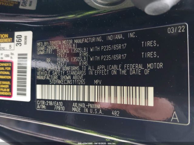 5TDYRKEC3NS111265 Toyota SIENNA XLE