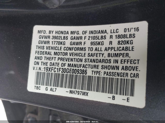 Honda Civic Ex-t 2016 19XFC1F30GE009386 Image 9