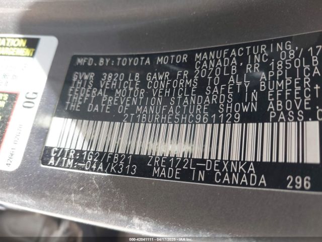 2T1BURHE5HC961129 Toyota COROLLA LE