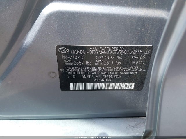 5NPE24AF4GH343059 Hyundai SONATA SE
