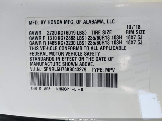 5FNRL6H78KB043279 Honda Odyssey Ex-l