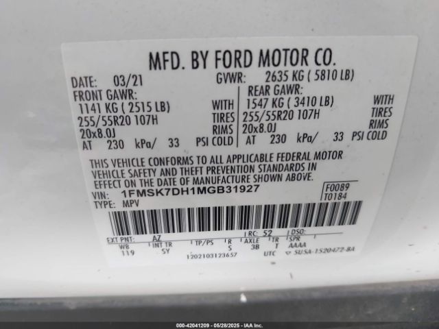 1FMSK7DH1MGB31927 Ford EXPLORER XLT
