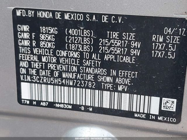 3CZRU5H54HM723782 Honda r18z9