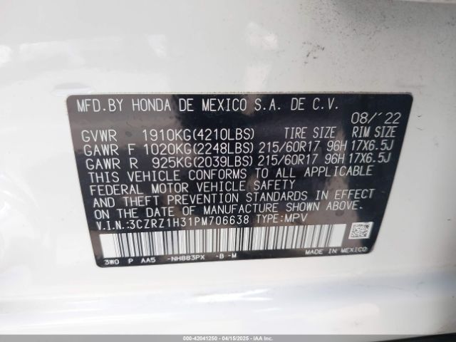 3CZRZ1H31PM706638 Honda Hr-v 2wd Lx