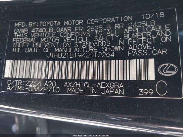 JTHB21B19K2012264 Lexus ES 300H
