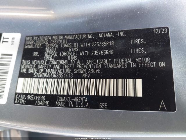 5TDKDRAH3RS051413 Toyota Highlander Le
