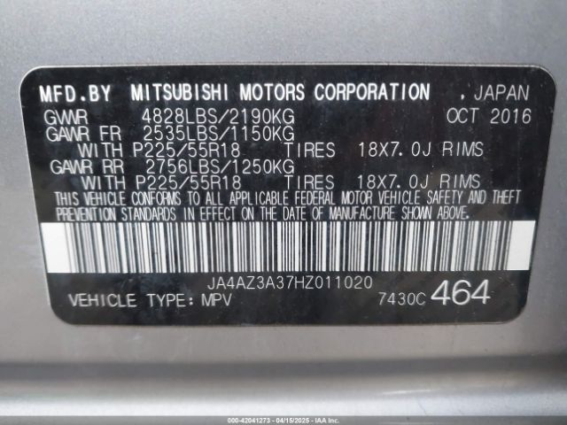 JA4AZ3A37HZ011020 Mitsubishi Outlander Se