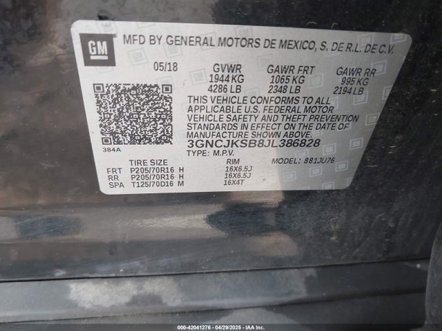 3GNCJKSB8JL386828 Chevrolet TRAX LS