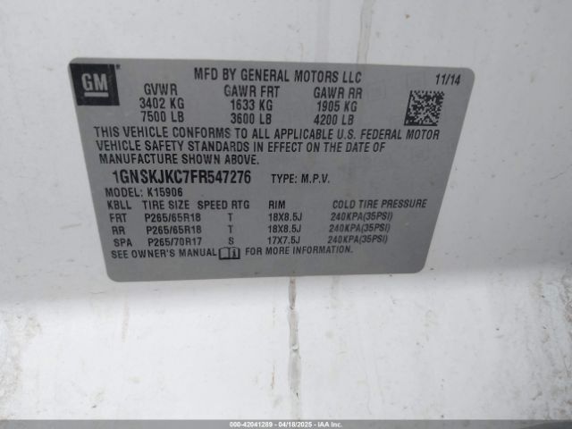 1GNSKJKC7FR547276 Chevrolet Suburban 1500 Lt