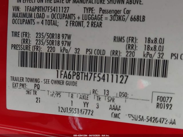 1FA6P8TH7F5411127 Ford Mustang Ecoboost