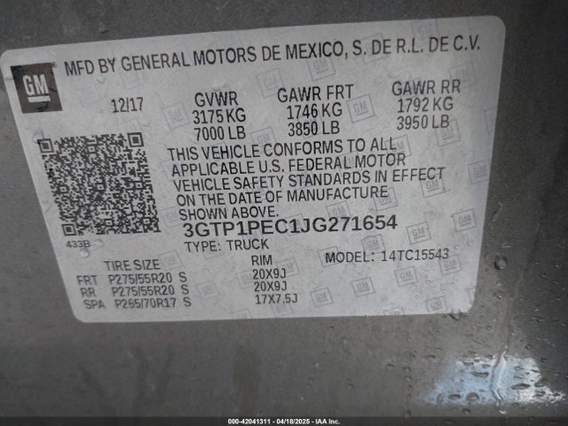 Продаж на аукціоні авто 2018 Gmc Sierra 1500 Denali, vin: 3GTP1PEC1JG271654, номер лоту: 42041311