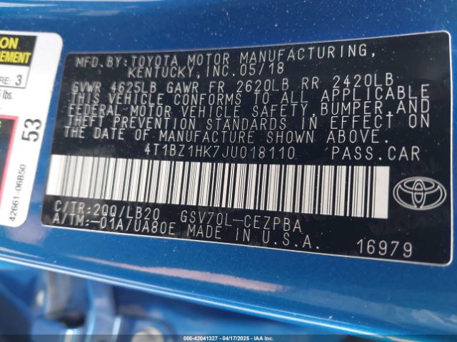 4T1BZ1HK7JU018110 Toyota 2gr-fks