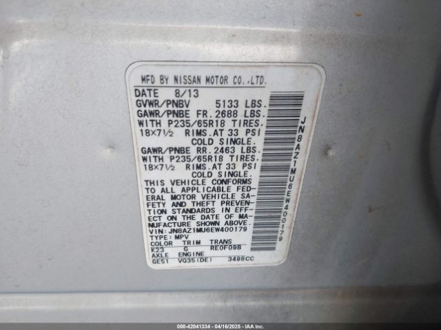 JN8AZ1MU6EW400179 Nissan MURANO SV