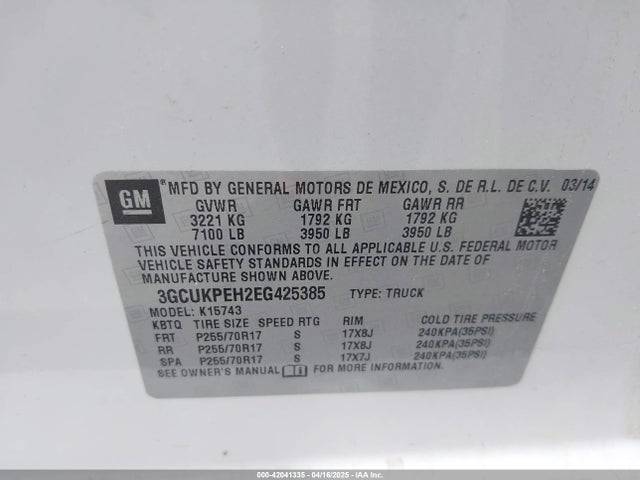 3GCUKPEH2EG425385 Chevrolet Silverado 1500 Work Truck 2wt