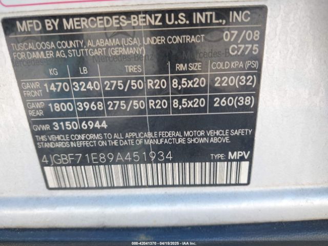 2009 MERCEDES-BENZ GL 450 4JGBF71E89A451934 Photo 8