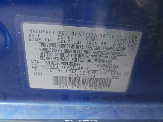 Nissan Versa Note S (sr) 2015 3N1CE2CPXFL353699 Image 9
