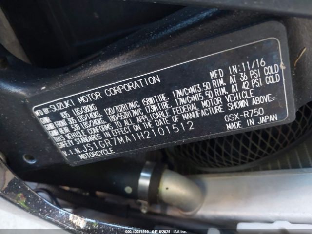 2017 SUZUKI GSX-R750 JS1GR7MA1H2101512 Photo 9