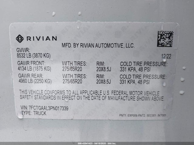 7FCTGAAL3PN017339 Rivian R1t Launch Edition
