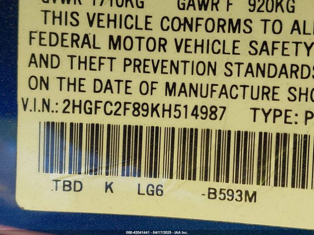 2HGFC2F89KH514987 Honda Civic Sport