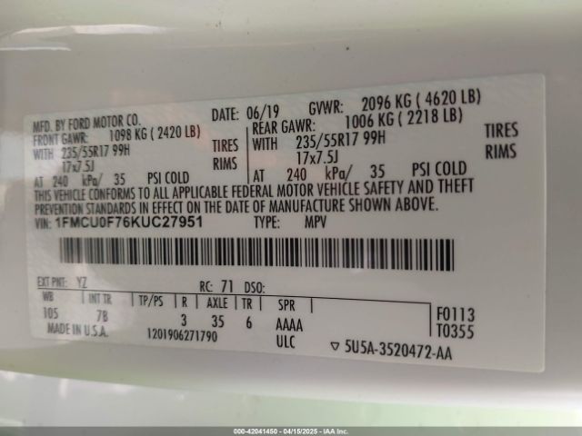 1FMCU0F76KUC27951 Ford ESCAPE S