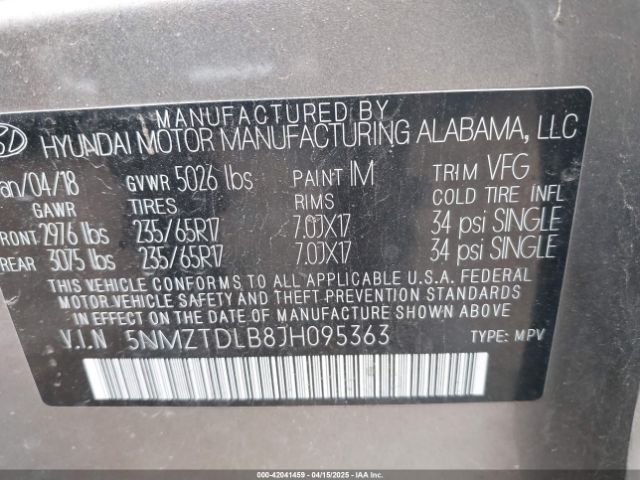 5NMZTDLB8JH095363 Hyundai Santa Fe Sport 2.4l