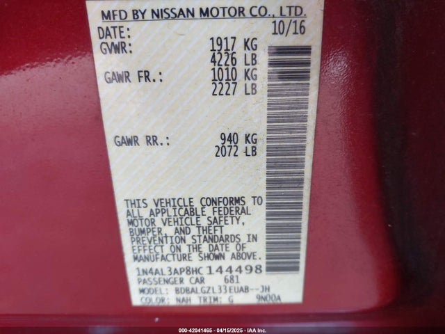 1N4AL3AP8HC144498 Nissan Altima 2.5 S