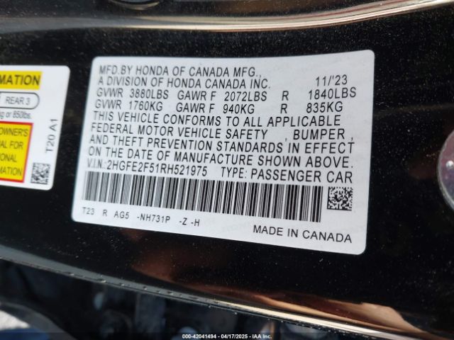 2HGFE2F51RH521975 Honda Civic Sport
