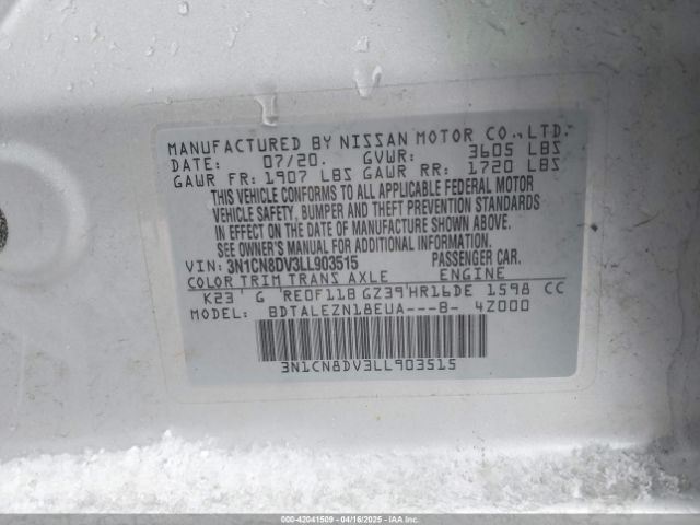 3N1CN8DV3LL903515 Nissan Versa S Xtronic Cvt