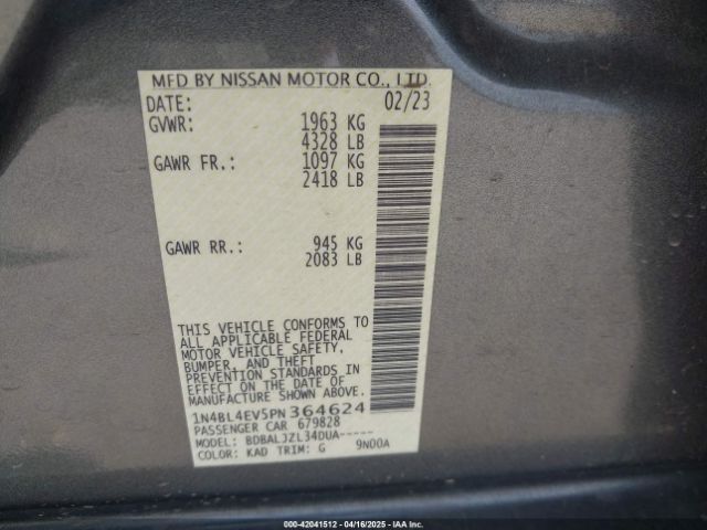 1N4BL4EV5PN364624 Nissan Altima Sl Fwd
