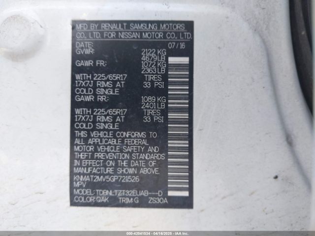 KNMAT2MV5GP721526 Nissan ROGUE SV