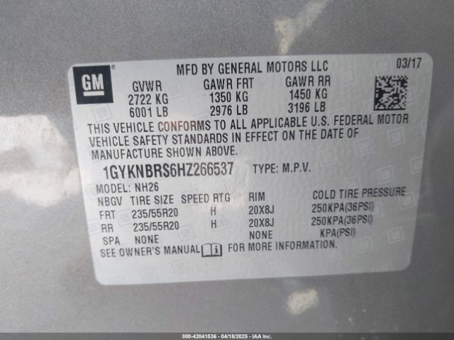 1GYKNBRS6HZ266537 Cadillac XT5 LUXURY