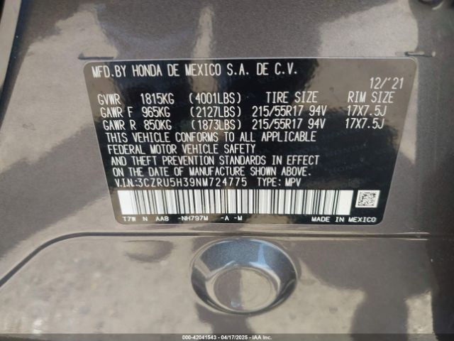 3CZRU5H39NM724775 Honda Hr-v 2wd Lx