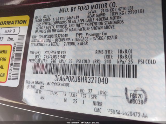 3FA6P0RU8HR321040 Ford Fusion Hybrid Titanium