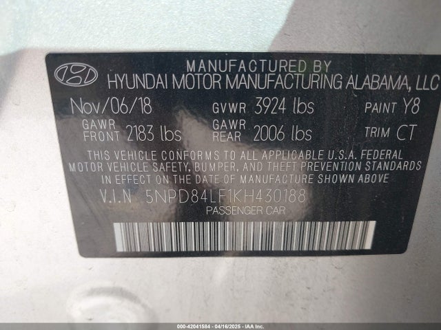 5NPD84LF1KH430188 Hyundai ELANTRA SEL