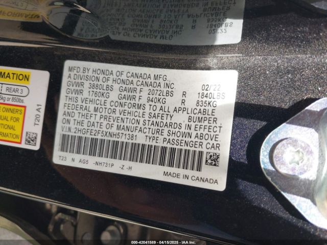 2HGFE2F5XNH571381 Honda Civic Sport