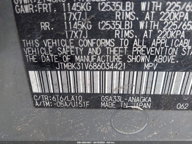 42041647 :رقم المزاد ، JTMBK31V686034421 vin ، 2008 Toyota Rav4 Limited V6 مزاد بيع